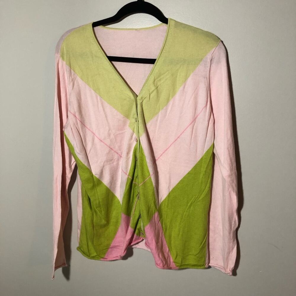 Kinross cotton cashmere womens button up cardigan argyle sweater pink green L